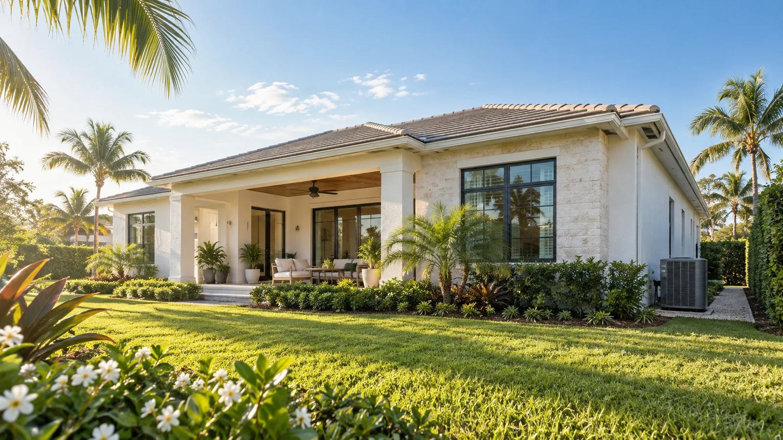 Illustrative Palm Beach home with tropical landscaping